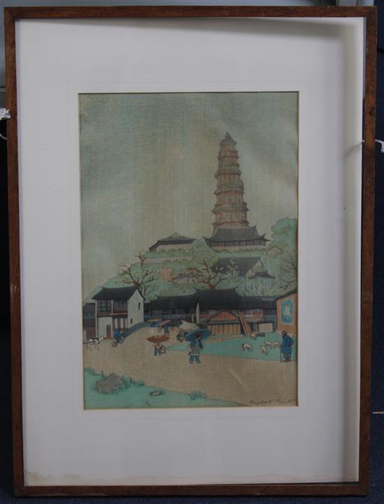 § Elizabeth Keith (1887-1956) Leaning pagoda at Soochow, China, 14.75 x 10in.